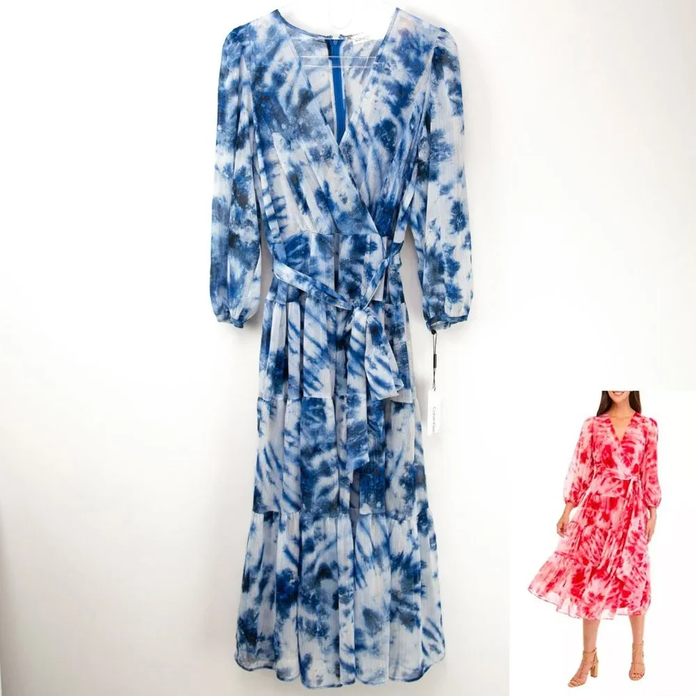 Calvin Klein Tie Dye Surplice V-Neck 3/4 Sleeve Tie Waist Tiered Midi Dress Sz 8